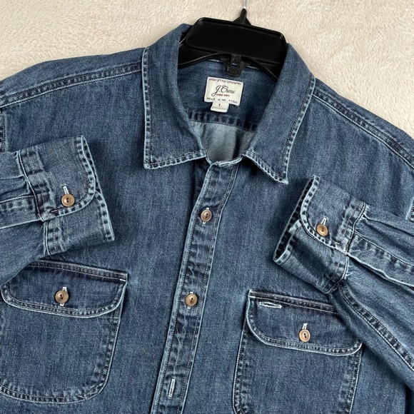 J. Crew Other - J Crew Denim Shirt Mens Large Blue Dark Wash Pocket Western Long Sleeve Button